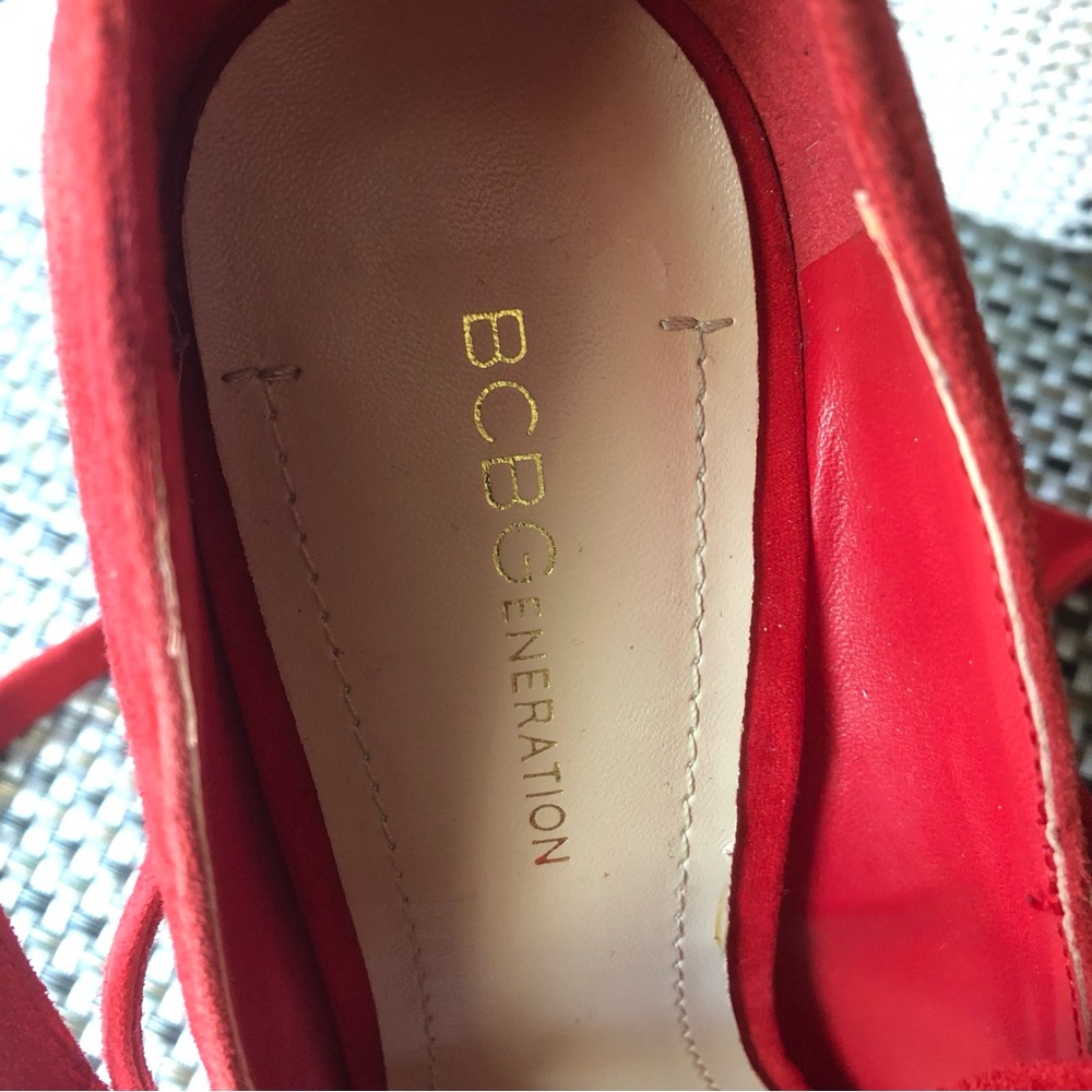 BCBGeneration Red Suede Ankle Wrap Heels - Picture 4 of 7